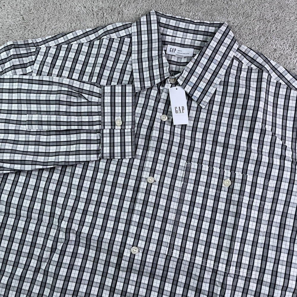 NEW GAP Shirt Mens Large Grey Plaid Poplin Boxy Fit Long Sleeve Casual NWT